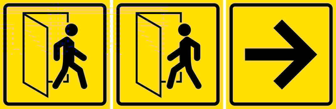 Set of entrance, exit and arrow signs, stickers with yellow backgrounds. vector