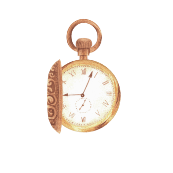 Hand-drawn watercolor illustration. Monochrome antique pocket watch in ochre color. Retro pocket watch png