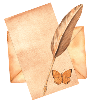 Vintage envelope with a piece of paper, a butterfly and a feather pen. Monochrome clipart. Hand-drawn watercolor illustration. png