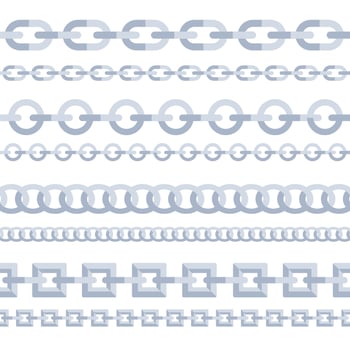 Metal chains big set. Vertical chain for fabric. Metallic link of jewelry. Chaining string vector