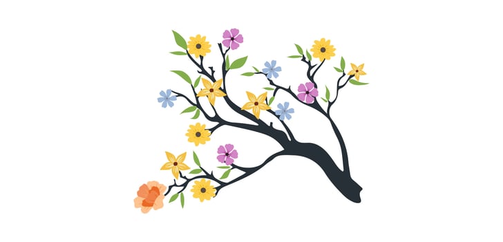 Spring flowers tree branch, blossom floral isolated on white background, garden leaves tree branch illustration vector