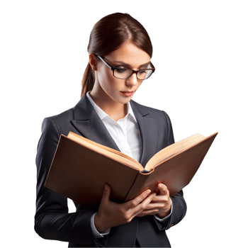 Young professional woman reading a hardcover book intently png