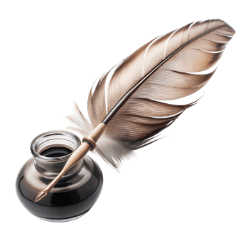 Elegant feather quill and ink pot isolated on a clear backdrop png