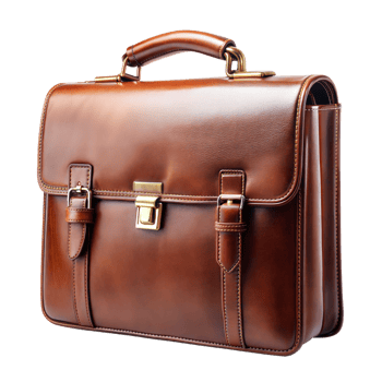 Elegant brown leather briefcase with golden clasp and handle png