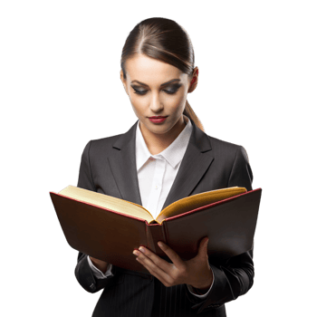 Professional woman in business attire reading a book png