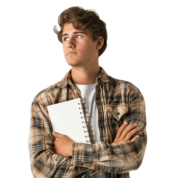 Young man holding notebook looking upward with anticipation png