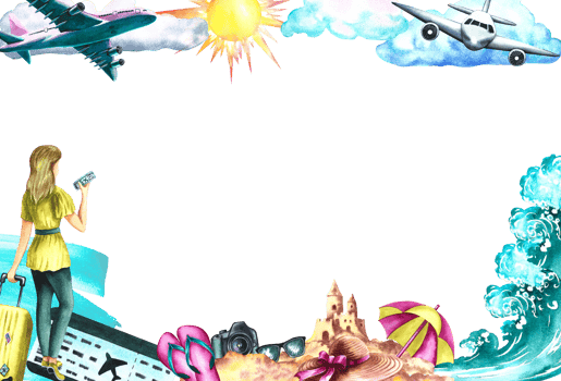 Travel to the sea by plane. Frame with the image of a girl with a suitcase and an airplane, sea, beach and holiday attributes. Watercolor illustration. For flyers, banners, postcards. For invitations. png