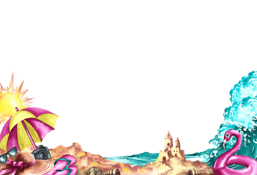 Rest on the sea. Frame with the image of beach paraphernalia on the background of the sea. beach umbrella, sand castle, waves. Watercolor illustrations. For the design of leaflets, banners, postcards. png