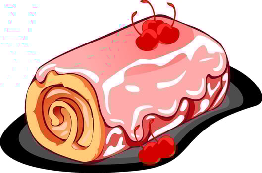 Cake with cream and cherry on a plate. vector