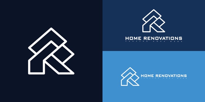 Abstract initial building letter R or RR logo in white color isolated on multiple blue background colors. The logo is suitable for the home builders and remodeler business company icon logo design vector