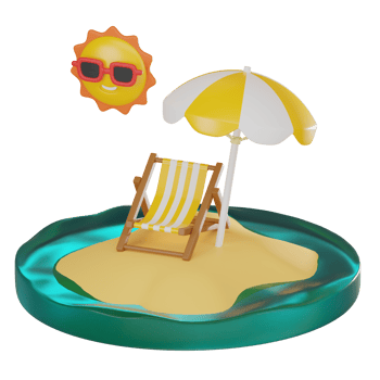 Tropical Escape of Island Beach with Chair, Umbrella, and Sun. 3D Render png
