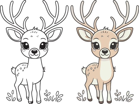 Deer, cute cartoon character, line drawing and colorful coloring page. vector