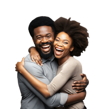 Cheerful couple embracing with joyful expressions on transparent background png
