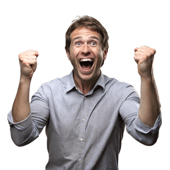 Excited man celebrating victory with raised fists png