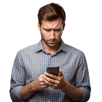 Concerned man browsing smartphone png