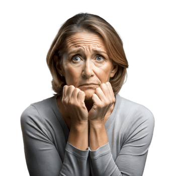 Anxious woman clenching fists near face on transparent background png