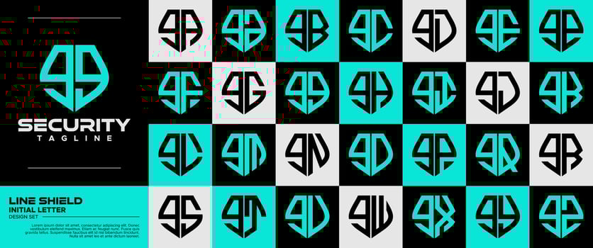 Line technology shield lowercase letter G GG logo, number 9 99 set vector