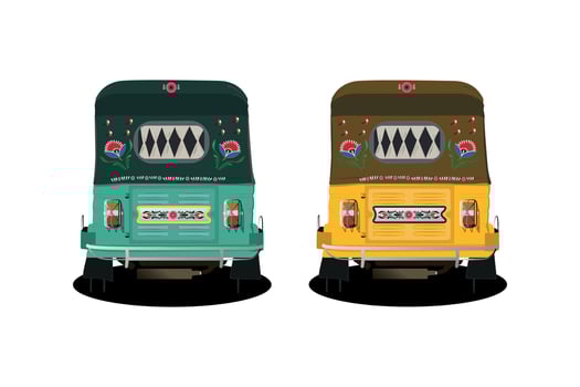 Set of yellow and Green auto-rickshaw illustrations in India. with rickshaw paint on it. front view of tuk-tuk vector