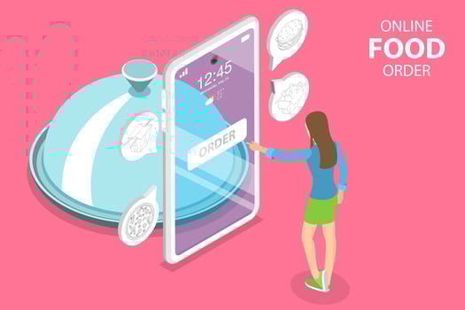 3D Isometric Flat Concept of Restaurant and Cafe Online Food Order App. vector