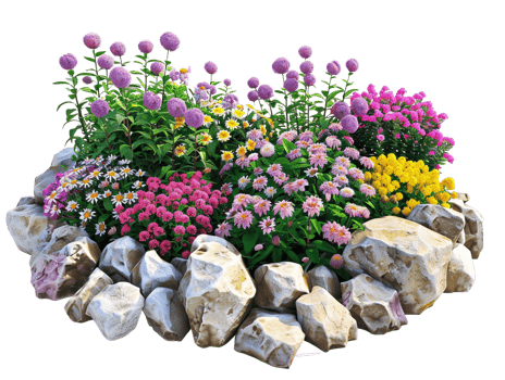 A colorful flower garden with a rock border png