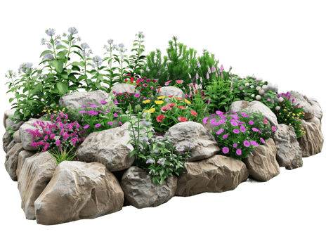 A colorful flower garden with a rock border png