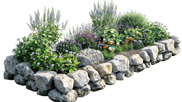A colorful flower garden with a rock border png