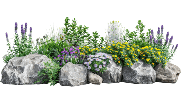 A colorful flower garden with a rock border png