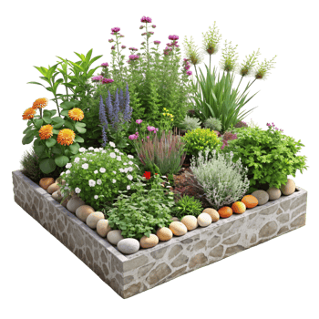 A garden with a variety of flowers and herbs, including lavender png