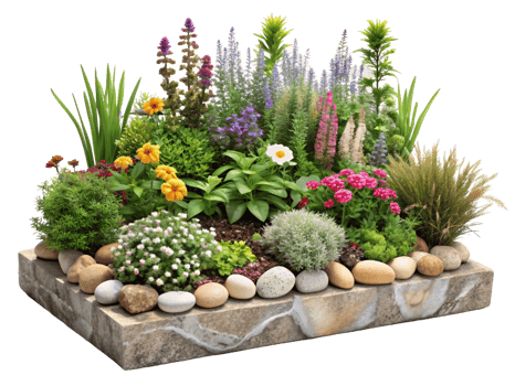 A garden with a variety of flowers and herbs, including lavender png
