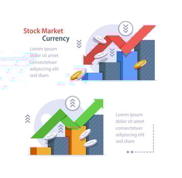 Financial arrows up and down, graph with green and red arrows. Chart with increase, decrease vector
