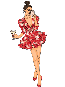 Watercolor fashion illustration, young sexy woman with dark hair in a stylish dress with flowers. A girl with a glass of prosecco. Modern woman illustration. png