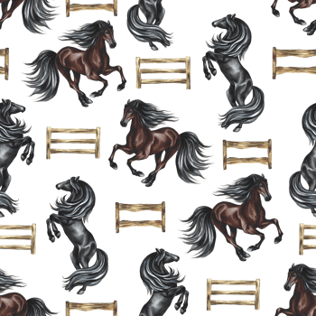 Seamless pattern with horses and wooden hurdles. Watercolor painted by hand. For printing, textiles and labels. png