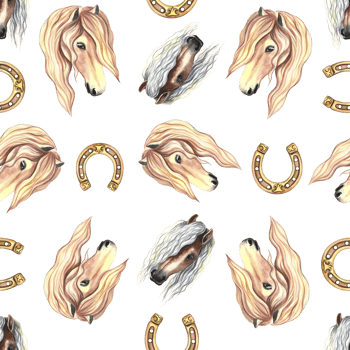 Seamless pattern with a portrait of a horse and a horseshoe. Watercolor painted by hand. For printing textiles and label png