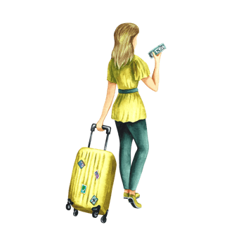 Girl with a suitcase and a ticket at the airport. Isolated. Watercolor hand drawn illustration. Designed for flyers, banners and postcards. For invitations, posters and labels. png