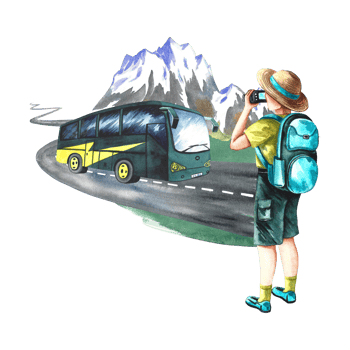 A tourist with a camera on the background of mountains and a tourist bus. isolated. watercolor hand drawn illustration. Designed for flyers, banners and postcards. For invitations. png