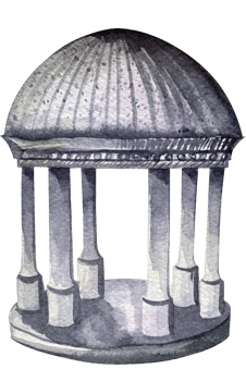Watercolor illustration with architectural element and flowers. Rotunda, pavilion, column, round roof, alcove in the garden, park with flowers. png