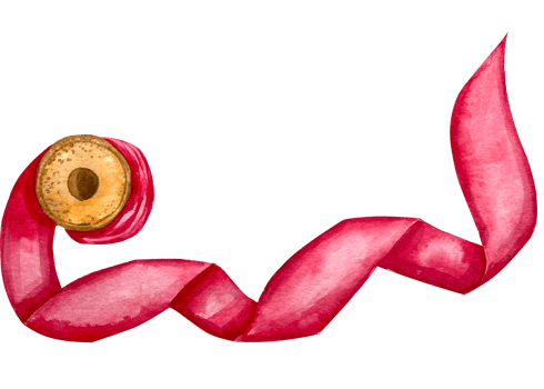Watercolor wooden reel with red ribbon illustration. png