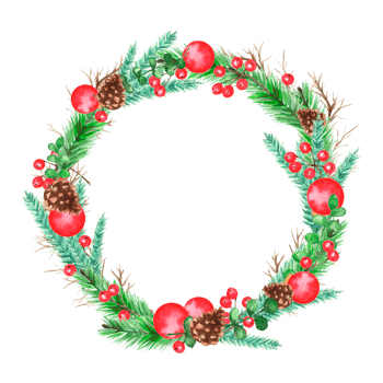Watercolor Christmas and New Year winter wreath of spruce, pine cones and holly berries. Christmas fir wreath with red berries. Pine wreath. Spruce new year wreath. Decorative isolated element. png