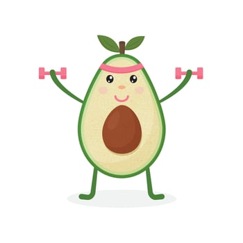 Cute Avocado cartoon character doing exercises with dumbbells. Eating healthy and fitness. vector