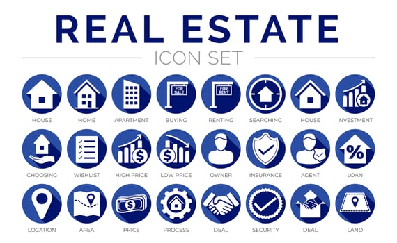 Blue Flat Real Estate Round Icon Set of Home, House, Apartment, Buying, Renting, Searching, Investment, Choosing, Wishlist, Low High Price, Owner, Insurance, Agent, Deal, Land, Security, Icons. vector