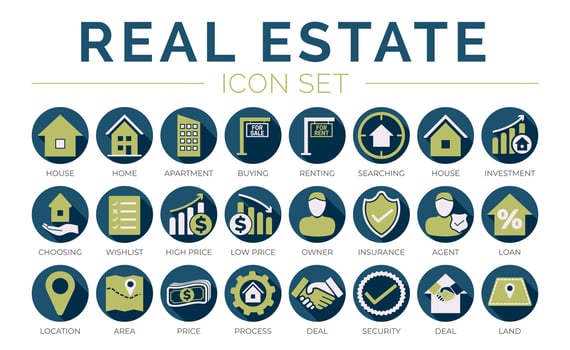 Blue Green Real Estate Round Icon Set of Home, Owner, Insurance, Agent, Loan, Location, Are, Price, Process, Deal, Land, Security, Icons. vector