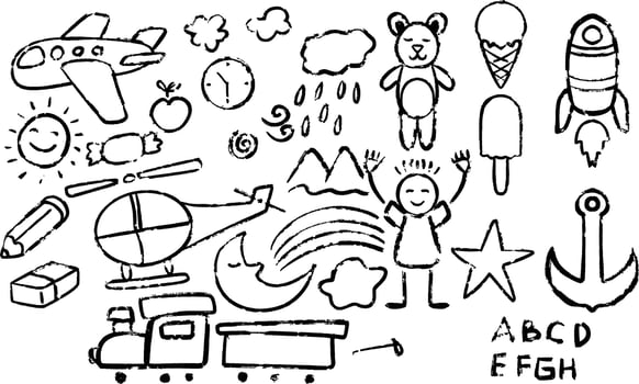 hand drawn children drawing set of cute and funny cartoons object vector