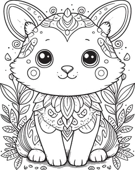 A cute cartoon cat is sitting in a garden with leaves and flowers vector