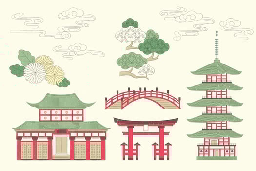Japanese buildings including torii, bridge with natural elements of flowers, trees and clouds elements illustrated in vintage ink style on beige background vector