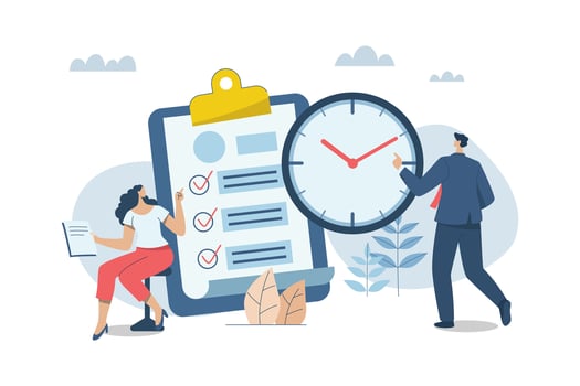 Business time management planning concept, Corporate schedule management, businessman and woman checking tasks on clipboard checklist near big watch. design illustration. vector