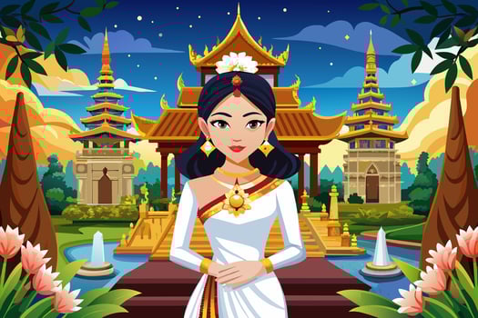Thai woman in traditional white attire against backdrop of Buddhist temple. Graphic illustration. Concept of spirituality, tradition, Asian culture, peaceful meditation vector
