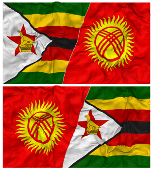 Kyrgyzstan and Zimbabwe Half Combined Flag with Cloth Bump Texture, Bilateral Relations, Peace and Conflict, 3D Rendering png