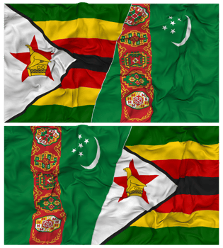 Turkmenistan and Zimbabwe Half Combined Flag with Cloth Bump Texture, Bilateral Relations, Peace and Conflict, 3D Rendering png