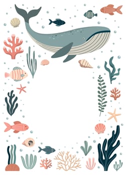 Under the sea theme invitation card with underwater life. Cartoon frame. Baby shower under the sea theme template background vector
