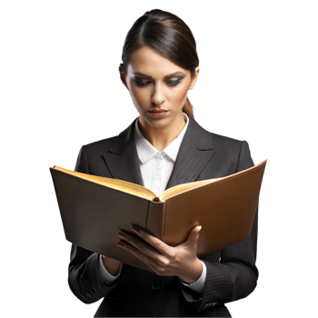 Professional woman reading a large book intently png